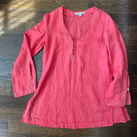 Nougat London Coral 100% Linen Tunic with Gold Stitching-Medium/Large - Picture 1 of 10